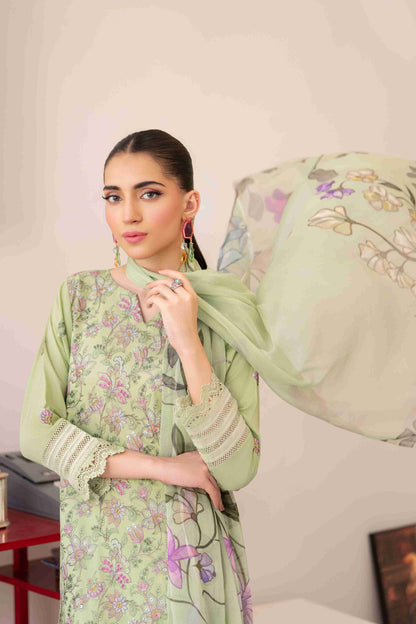 Breeze embroidered lawn shirt matched with chiffon dupatta and cotton trouser fabric two point five meters