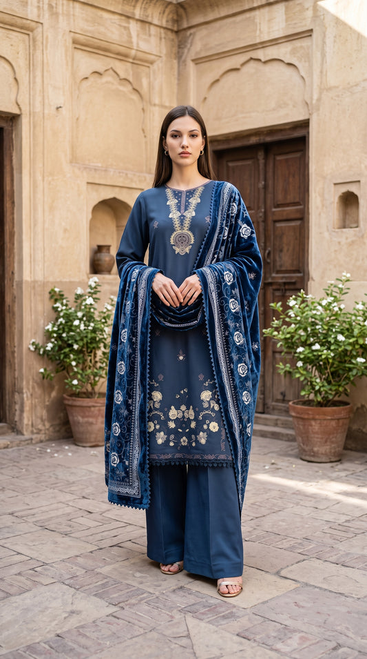 3PC Embroidered Dhanak Suit | DC - 09