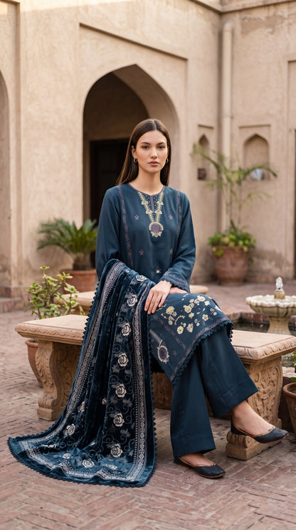 3PC Embroidered Dhanak Suit | DC - 09