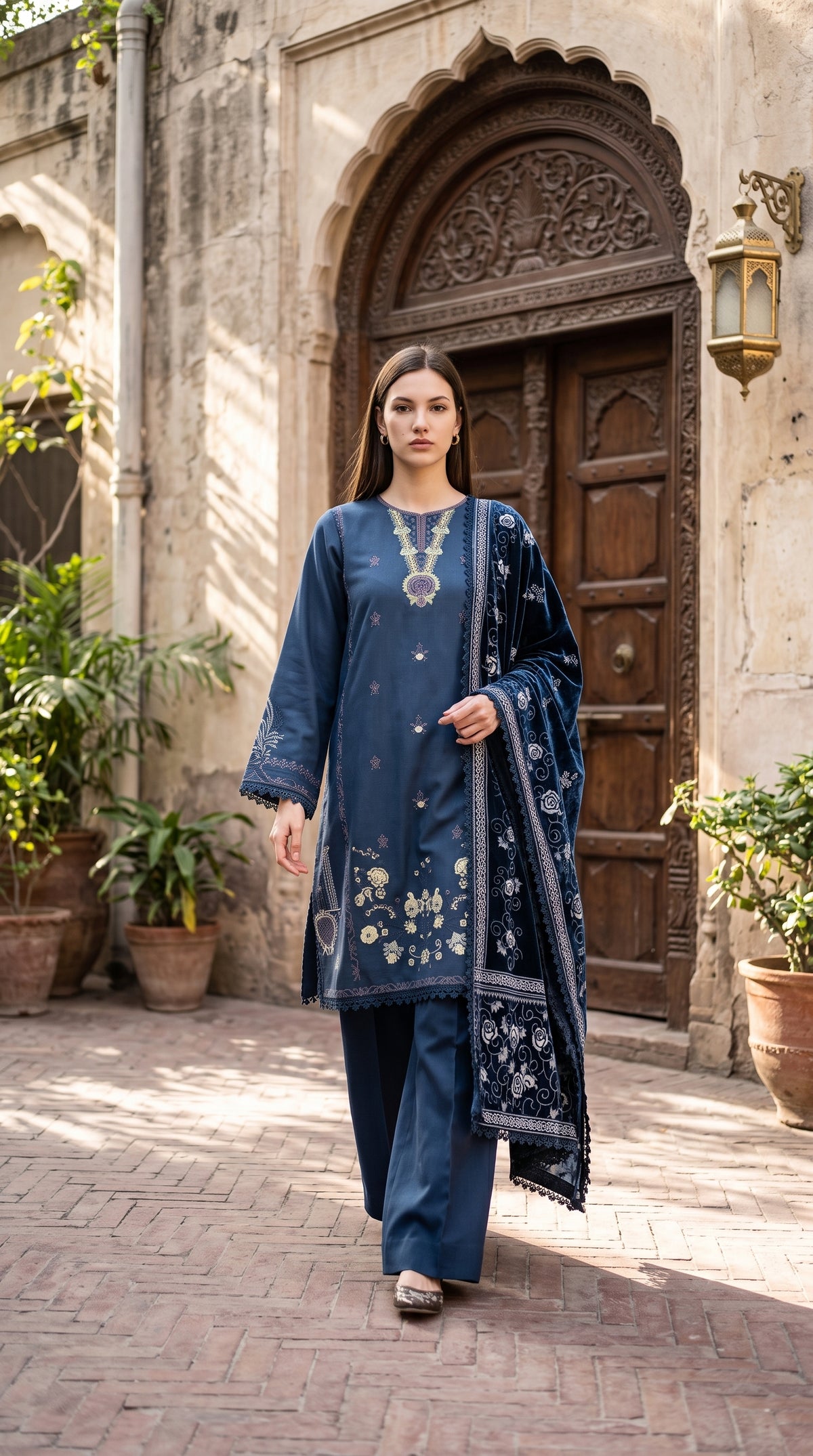 3PC Embroidered Dhanak Suit | DC - 09