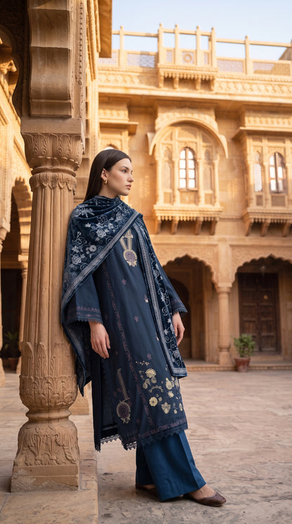 3PC Embroidered Dhanak Suit | DC - 09