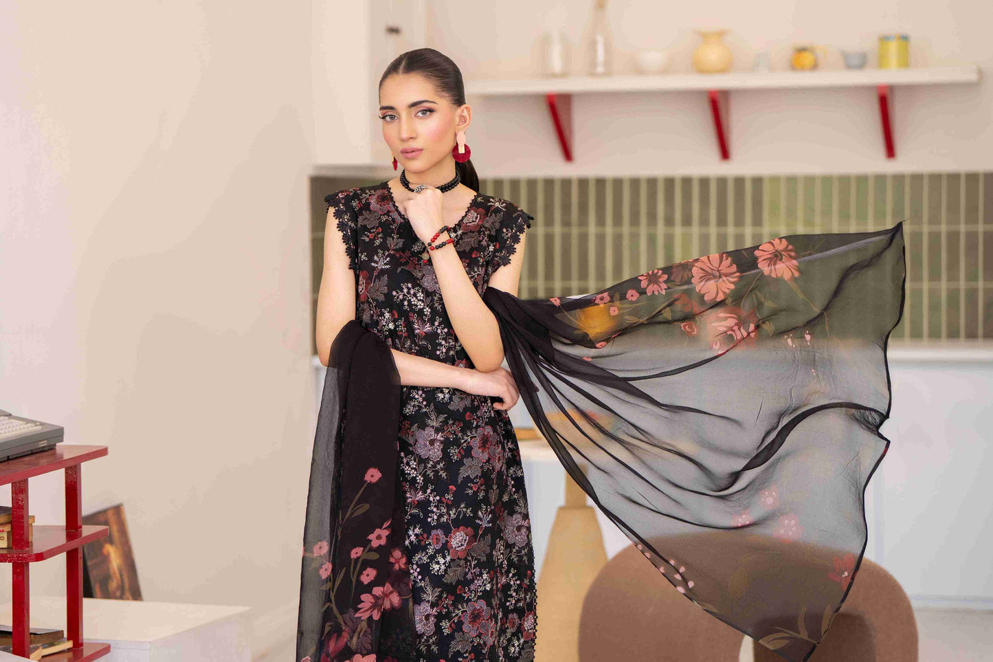  Eastern embroidered lawn shirt matched with printed chiffon dupatta and soft plain cotton trouser