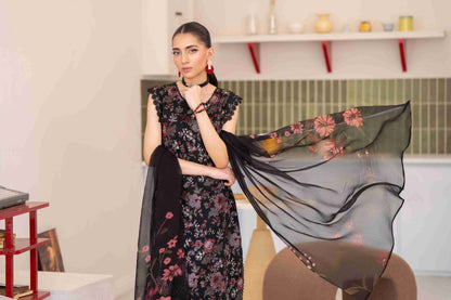  Eastern embroidered lawn shirt matched with printed chiffon dupatta and soft plain cotton trouser