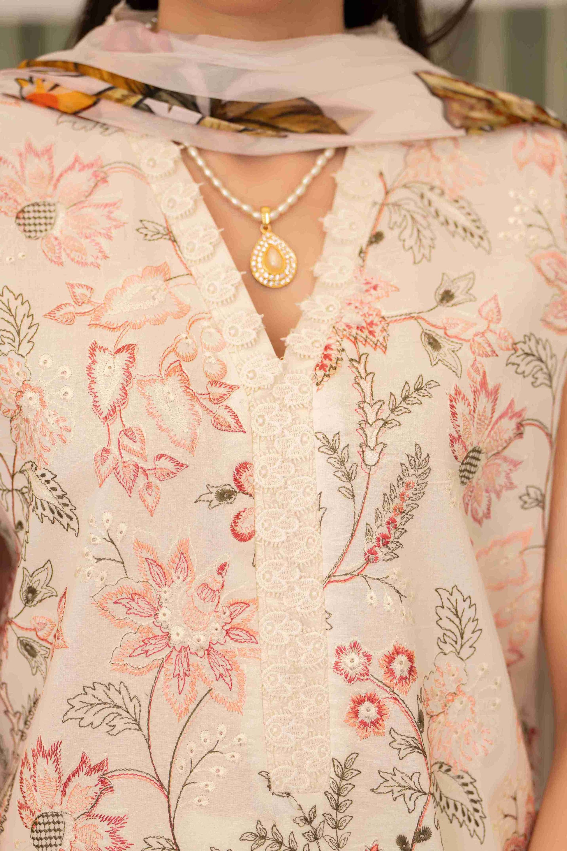 Premium embroidered lawn shirt three meters with chiffon dupatta two point five meters and cotton trouser