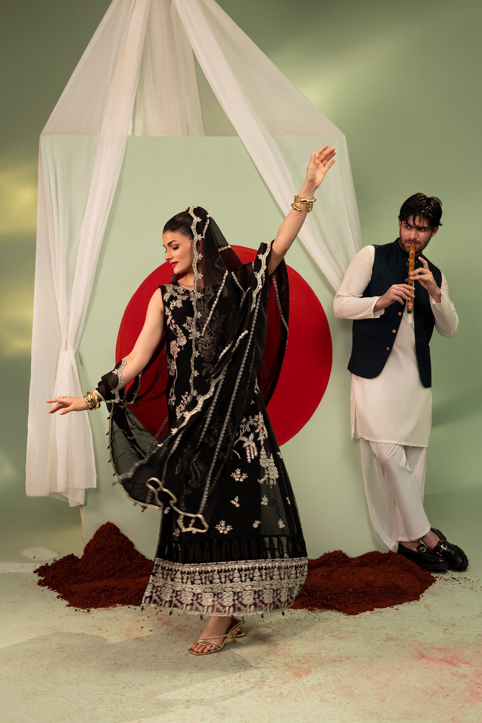Winter chiffon embroidered dress with raw silk trousers