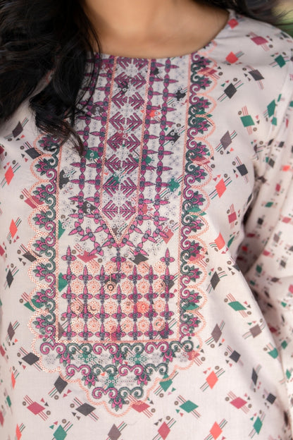 Premium lawn kurta with detailed embroidery, chiffon dupatta, and cotton trouser for classic looks