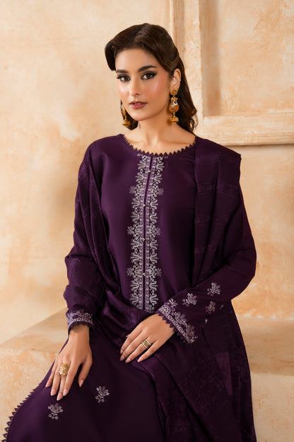 Timeless Winter Ensemble; Dhanak Woolen 3-PC Dress, a classic blend of tradition and modern style with embroidery