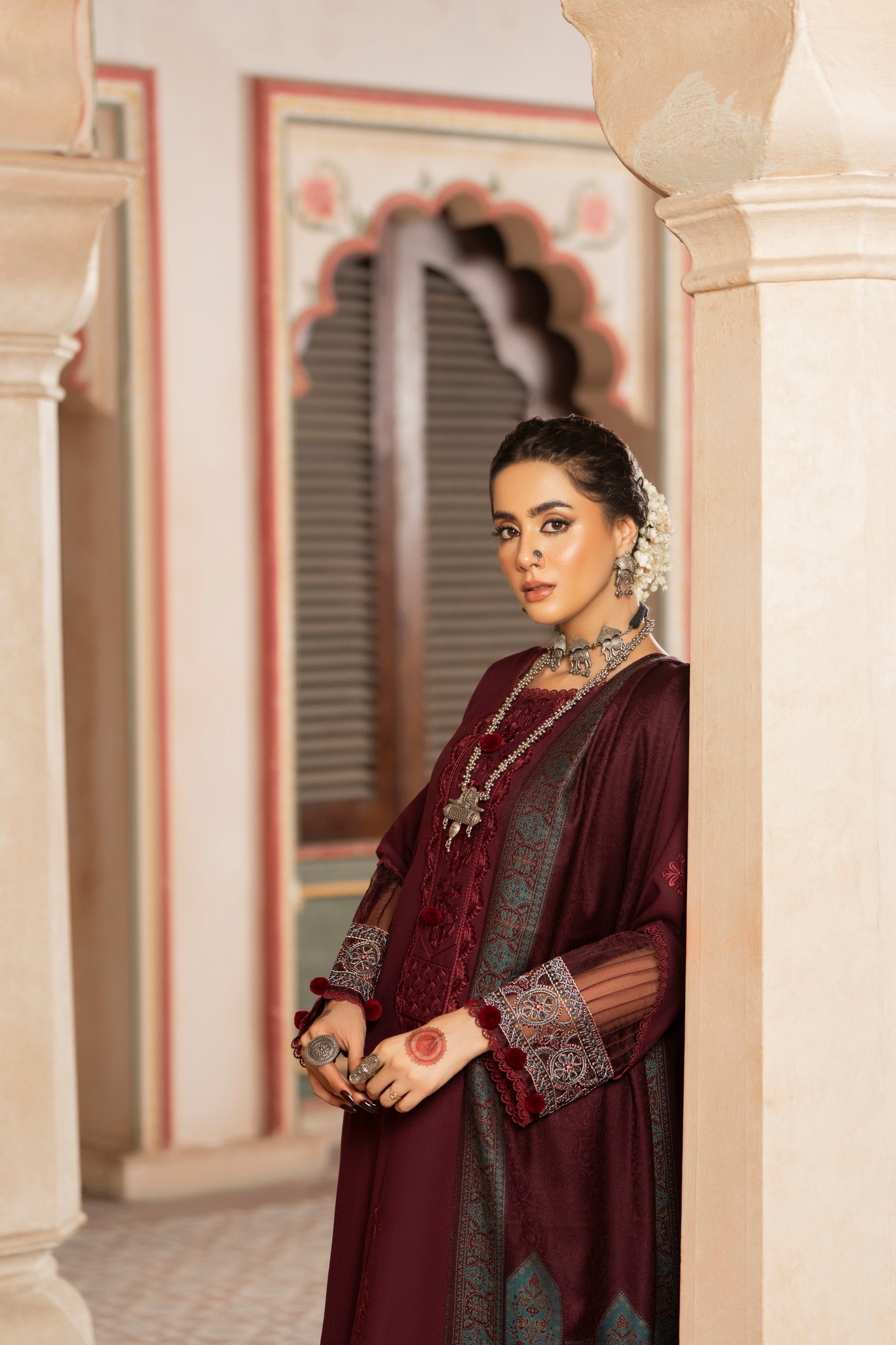 Embroidered Dhanak shirt, woolen shawl, and classic trouser for versatile winter styling.