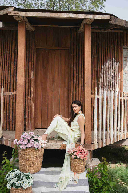 Fancy embroidered lawn outfit with chiffon dupatta and plain trouser.