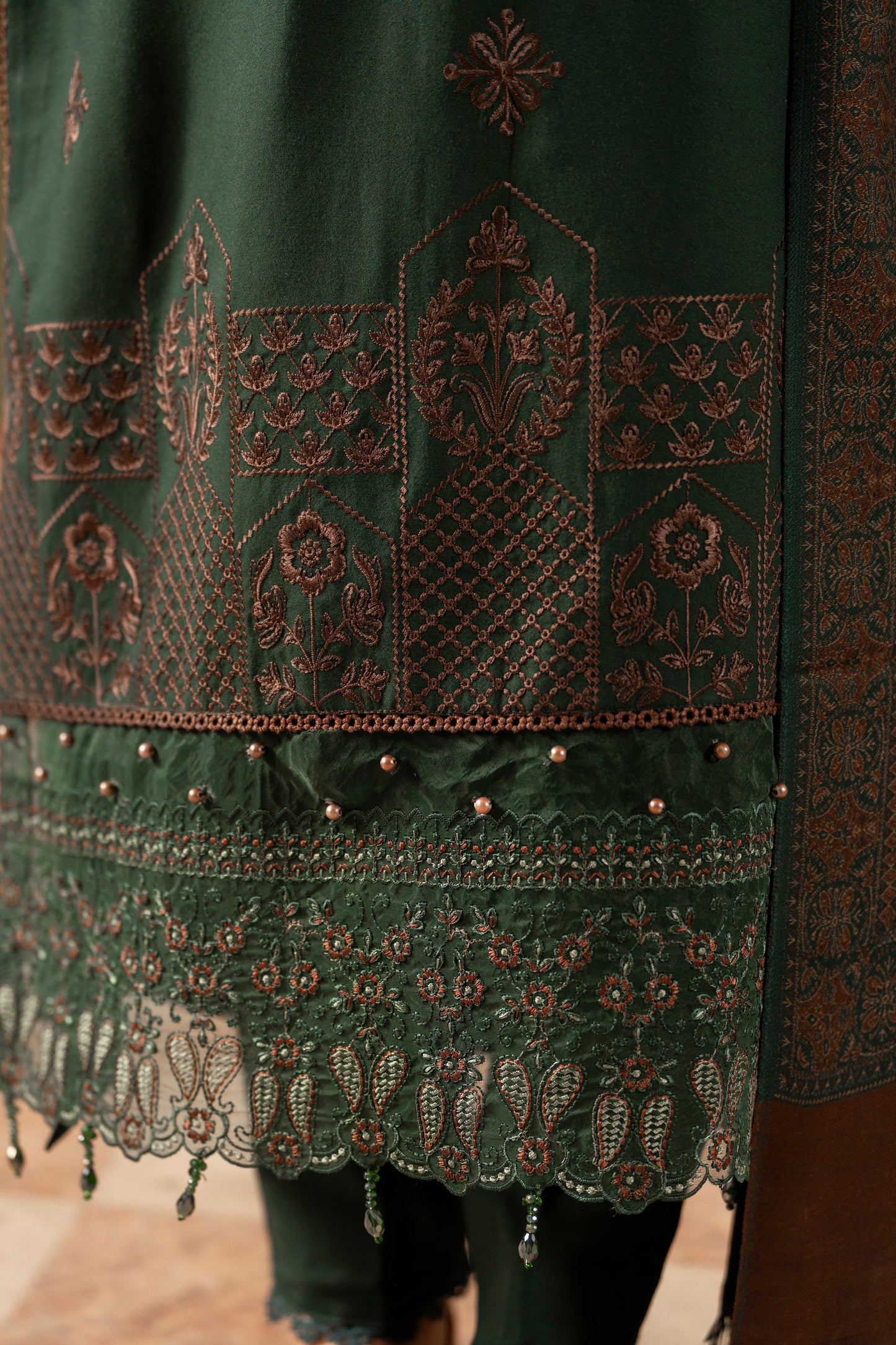 Eastern embroidered Dhanak shirt with wool shawl and trouser for classic winter wear.