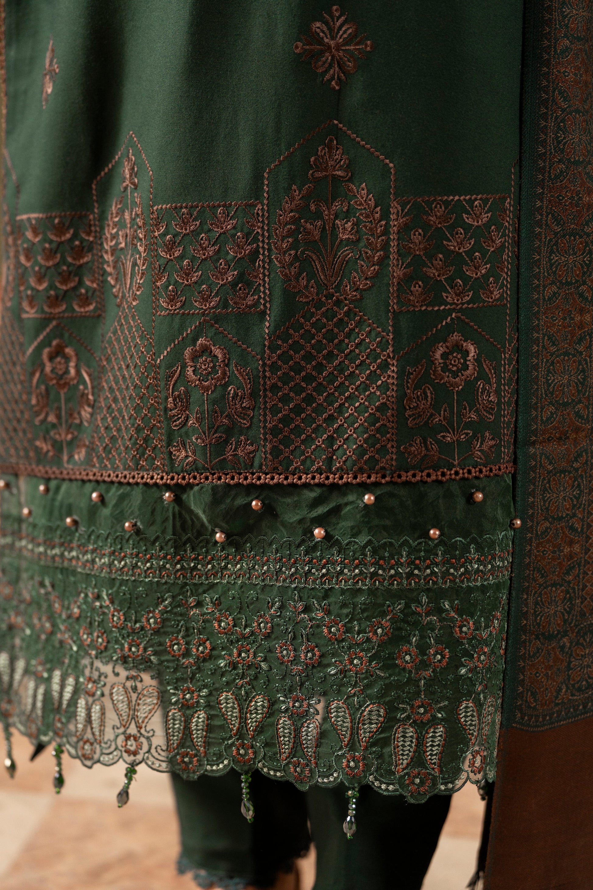 Eastern embroidered Dhanak shirt with wool shawl and trouser for classic winter wear.