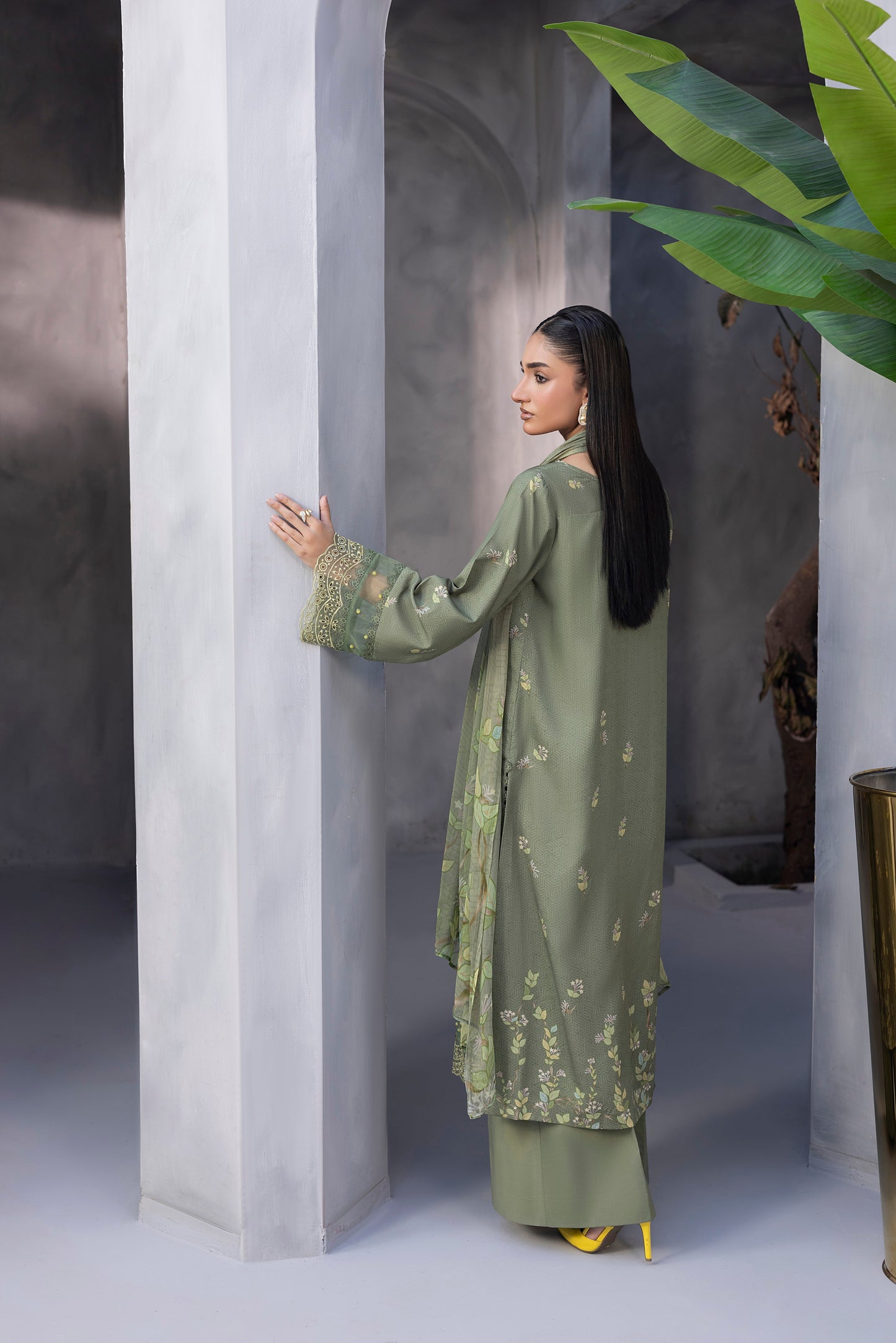 Elegant embroidered Karandi winter outfit with chiffon dupatta