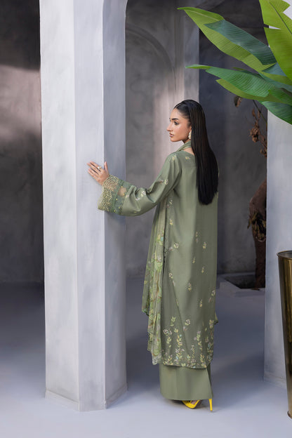 Elegant embroidered Karandi winter outfit with chiffon dupatta