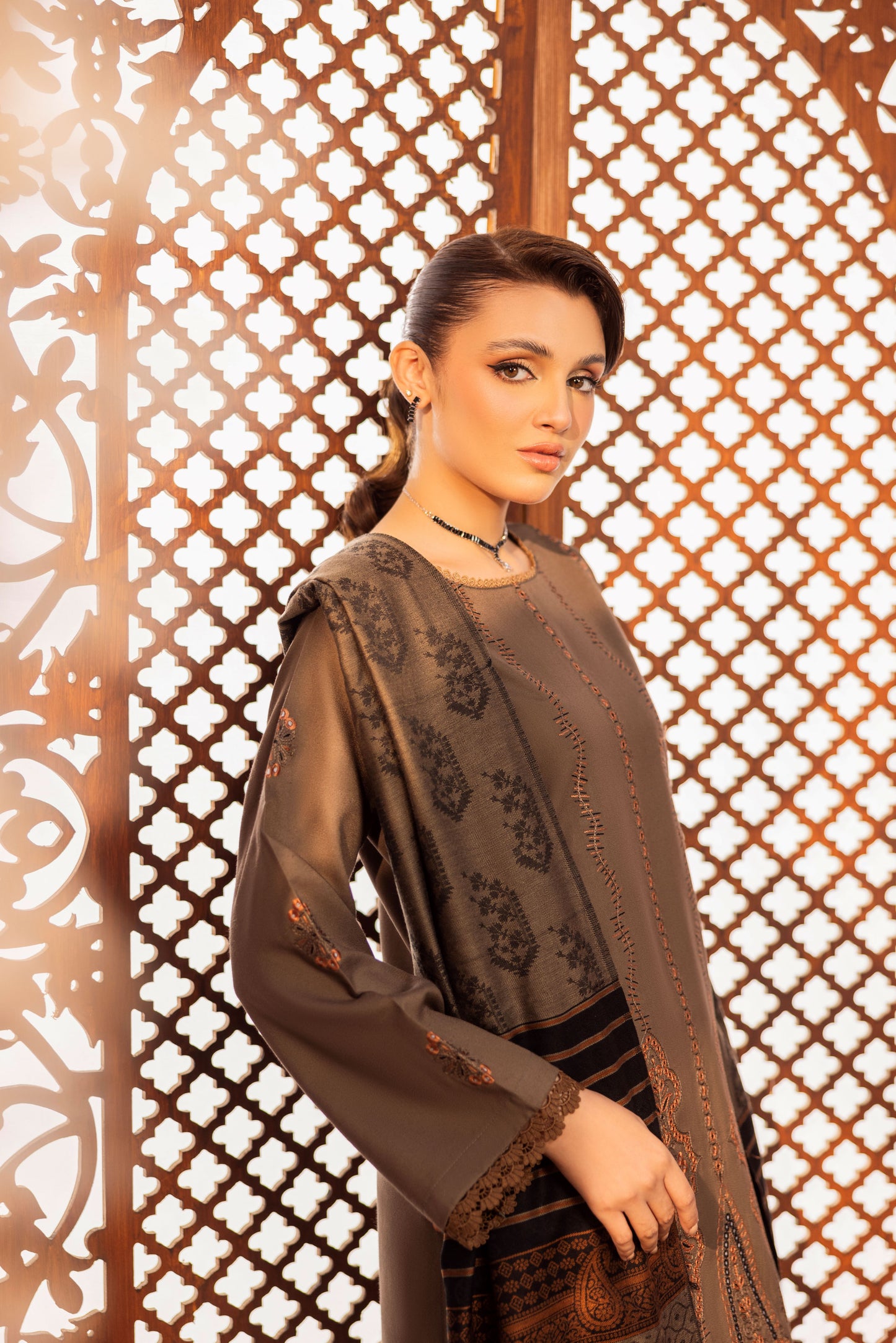 Heritage-inspired Dhanak outfit with embroidered sleeves and shawl