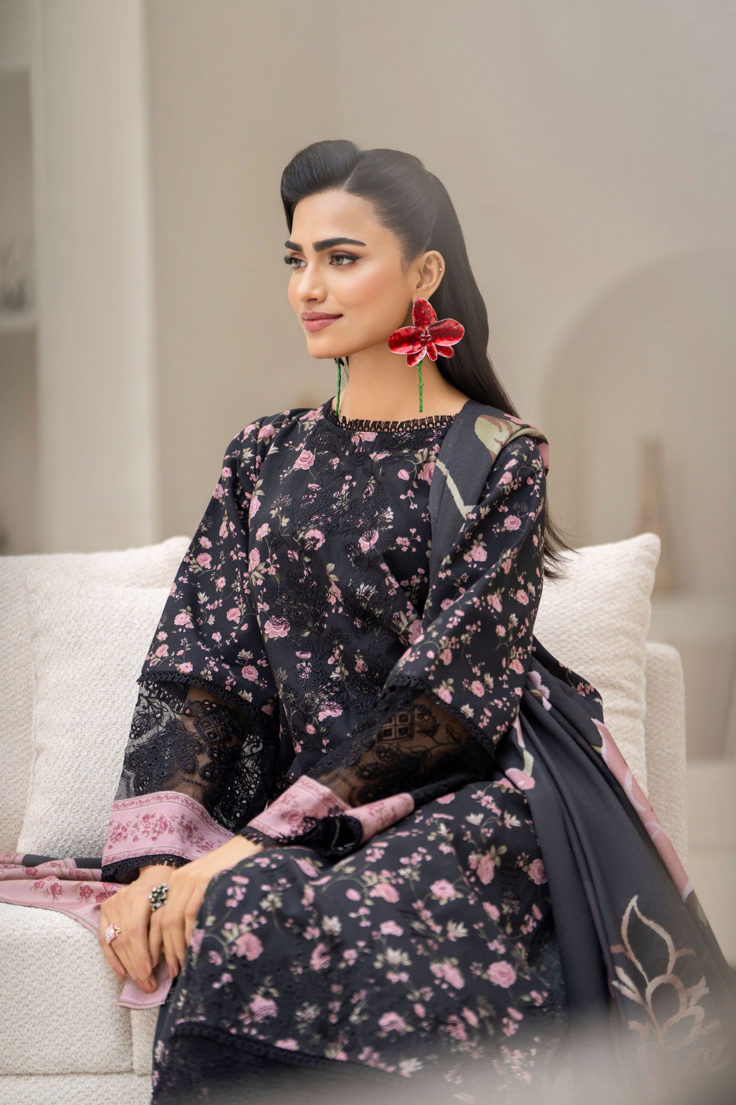 Pakistani khaddar outfit with wool shawl and plain trouser