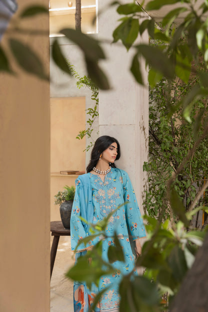 Self-check embroidered lawn suit featuring printed back, chiffon dupatta, and cotton trouser