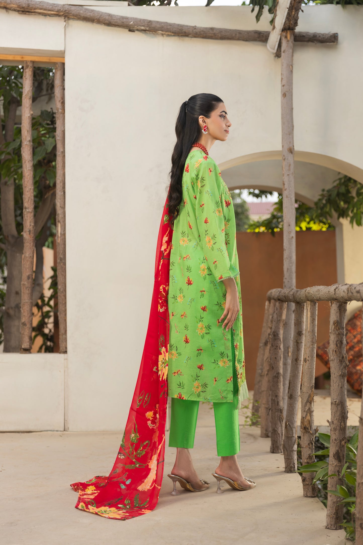Embroidered shirt with chiffon dupatta and plain cotton trouser for formal dresses