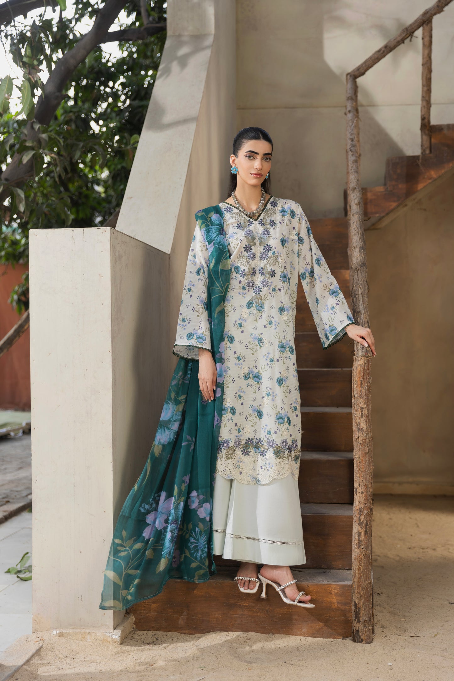 Printed embroidered lawn shirt with chiffon dupatta and cotton trouser, perfect for eastern formal wear