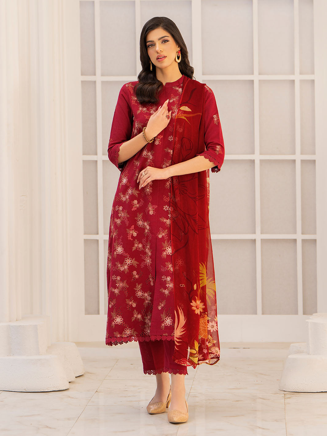 Trendy embroidered lawn shirt with chiffon printed dupatta and karandi trouser