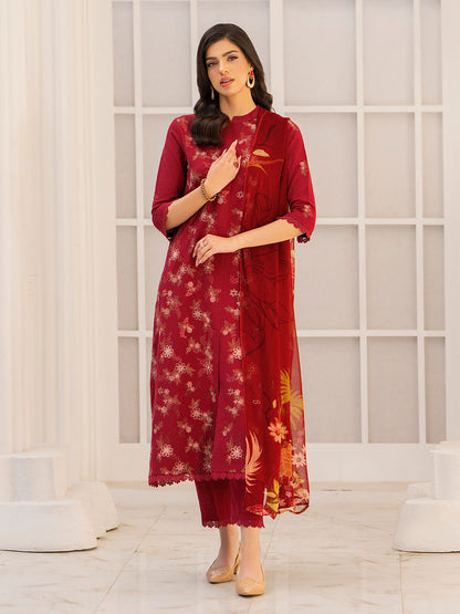 Trendy embroidered lawn shirt with chiffon printed dupatta and karandi trouser