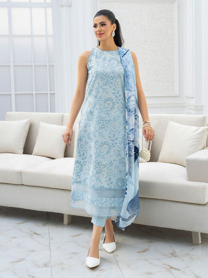 Trendy embroidered lawn shirt, chiffon printed dupatta, and karandi trouser suit