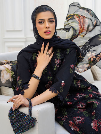 Designer embroidered lawn shirt, chiffon dupatta, karandi trouser unstitched