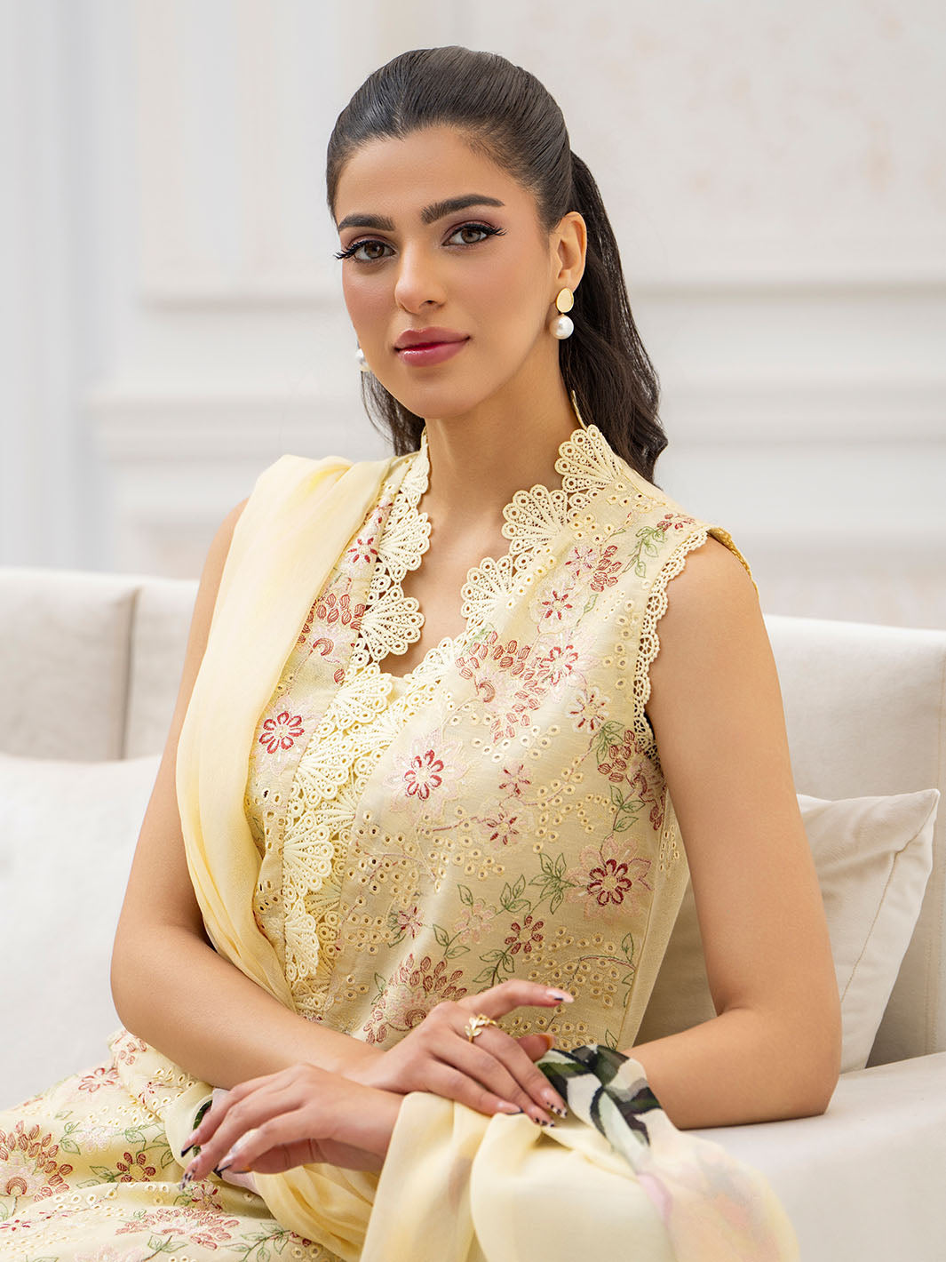 Trendy embroidered lawn suit, chiffon printed dupatta, karandi trouser fabric