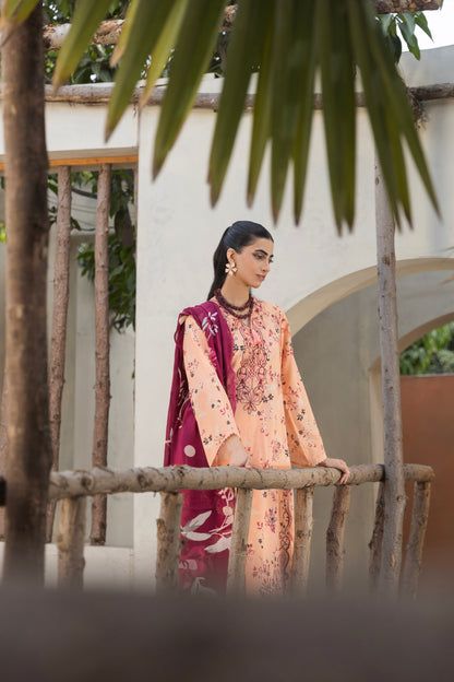 Lawn suit featuring embroidered shirt, chiffon dupatta, and cotton trouser for women
