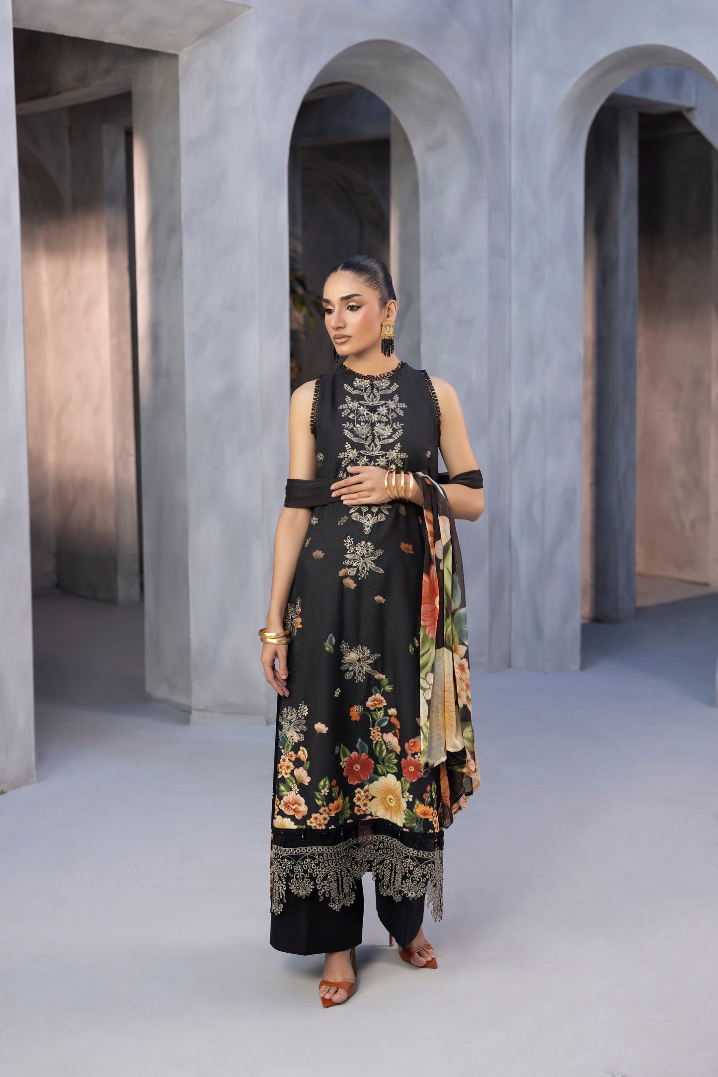 Karandi winter outfit with detailed embroidery and chiffon dupatta