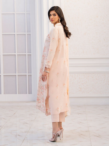 Trendy embroidered lawn shirt with fine patterns, paired with a flowy chiffon dupatta and comfortable karandi trouser – stylish festive outfit for women 2025.