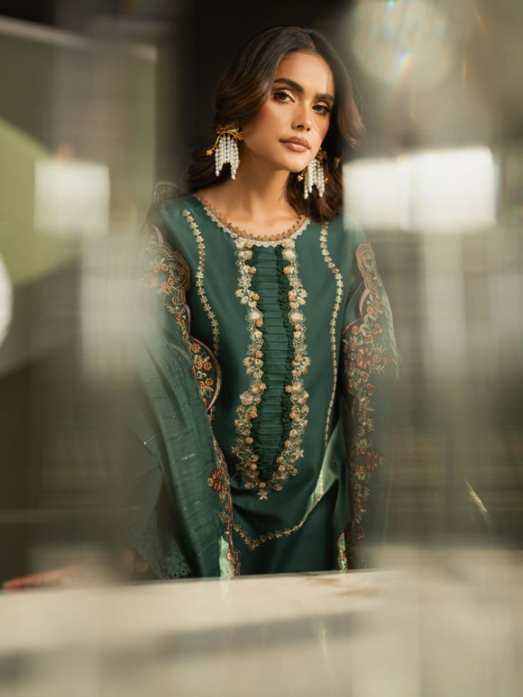 Trendy Green embroidered suit with organza patch, motifs, and plain cotton trouser