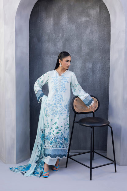 Modern embroidered Karandi 3PC set with soft chiffon dupatta and classic plain trouser