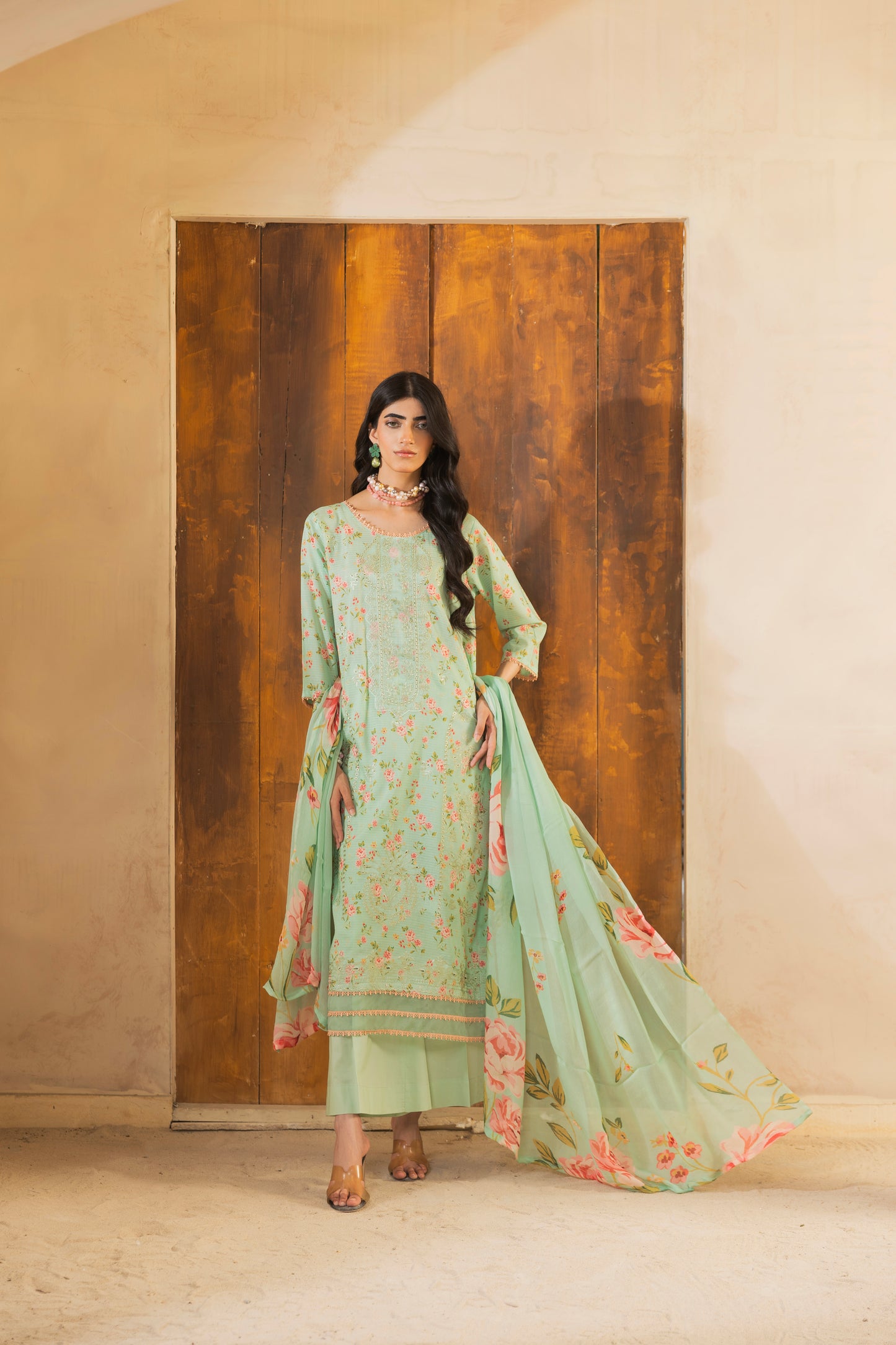 Digitally printed embroidered lawn shirt, chiffon dupatta, and trouser for eastern style