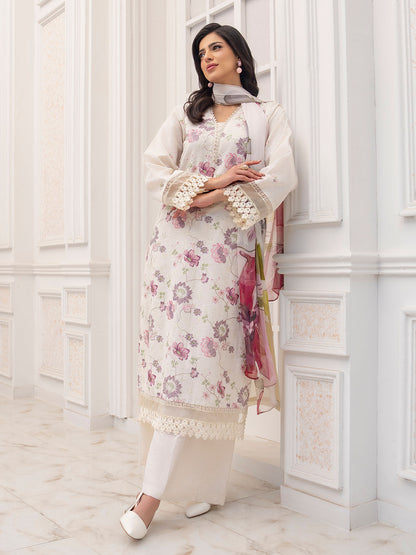 Trendy embroidered lawn shirt with chiffon dupatta and karandi trousers 