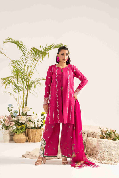 Trendy embroidered lawn shirt styled with chiffon dupatta and soft cotton trouser.