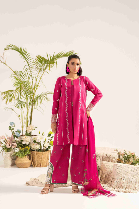 Trendy embroidered lawn shirt styled with chiffon dupatta and soft cotton trouser.