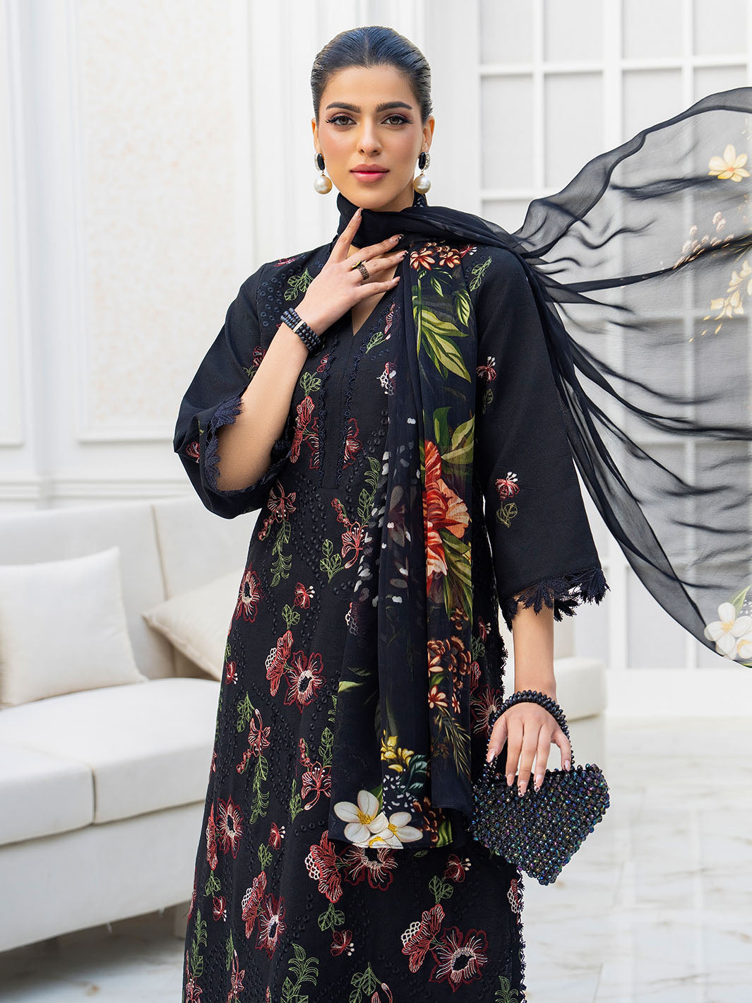 Trendy embroidered lawn shirt with chiffon dupatta and karandi trouser unstitched