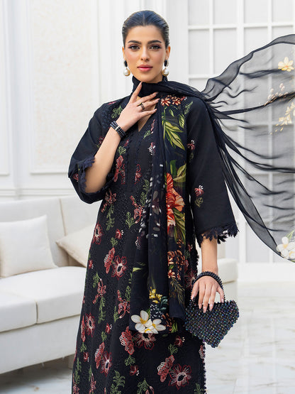 Trendy embroidered lawn shirt with chiffon dupatta and karandi trouser unstitched