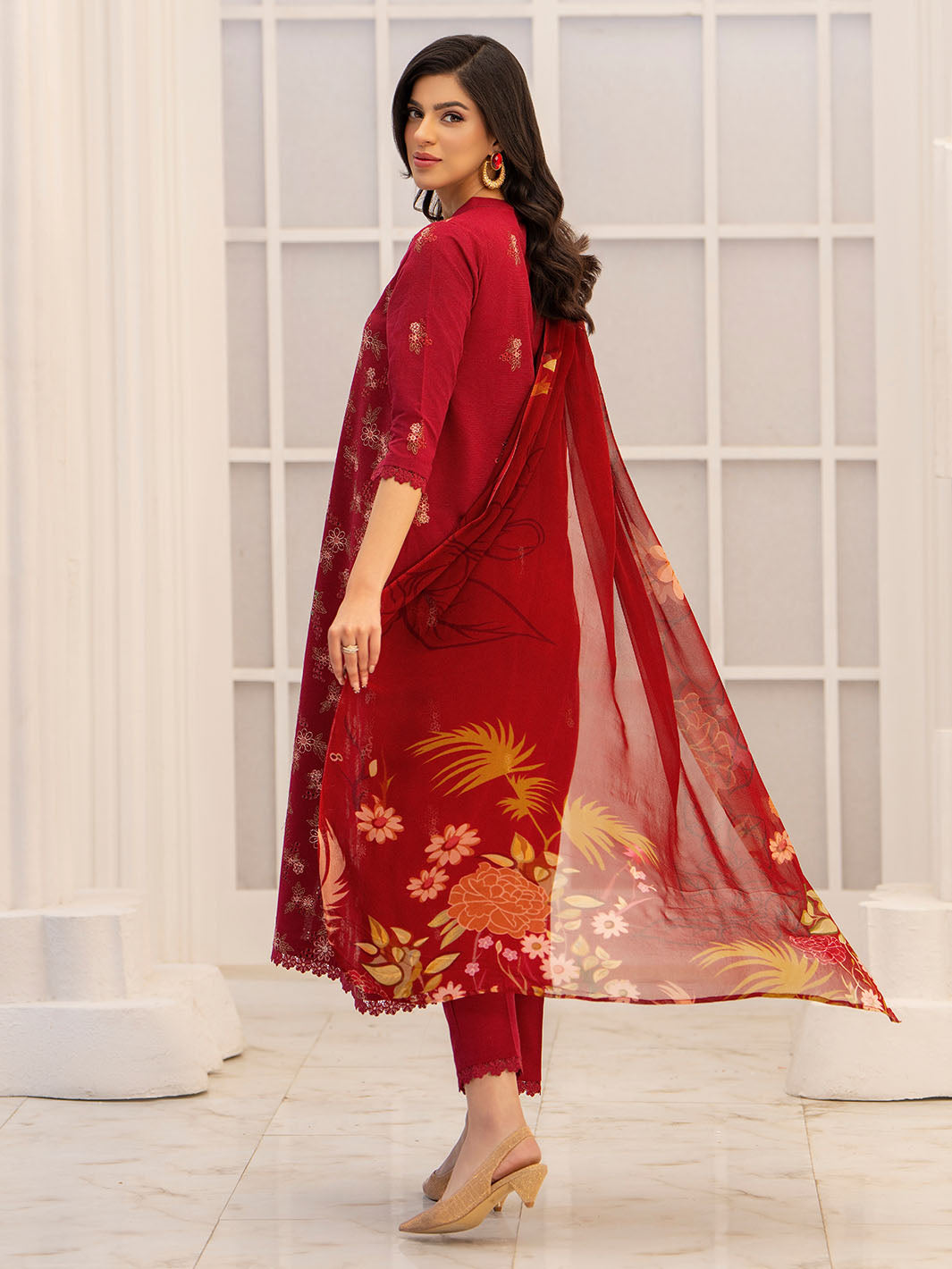  Trendy embroidered lawn shirt with chiffon dupatta and karandi trouser fabric