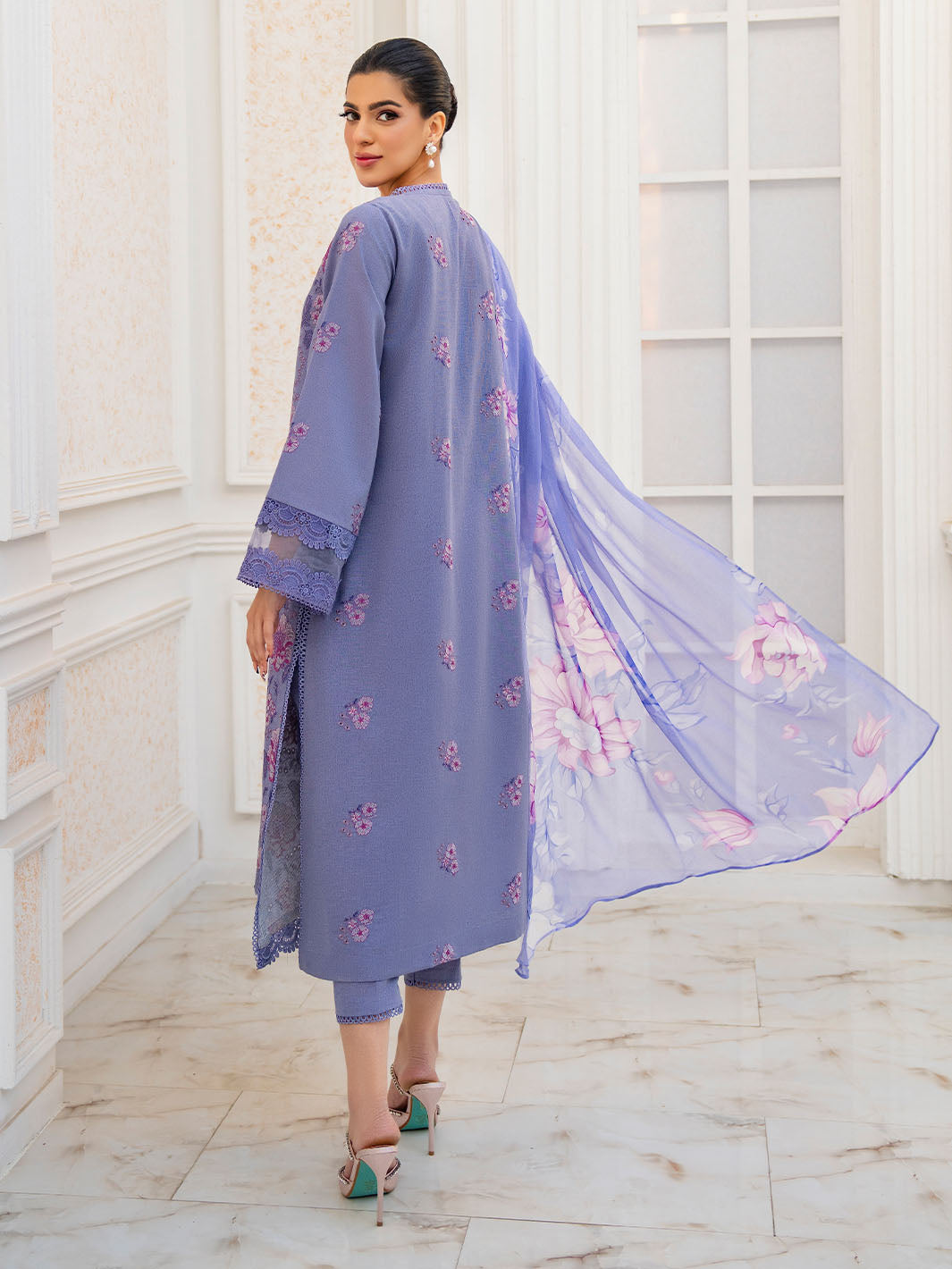 Festival embroidered lawn suit with chiffon printed dupatta and plain trouser