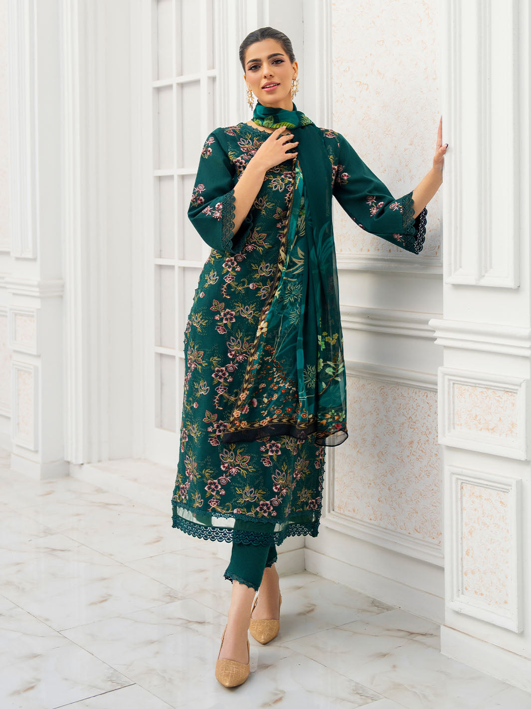 Trendy embroidered lawn shirt with chiffon printed dupatta and karandi trouser