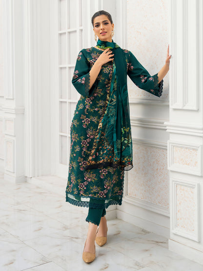 Trendy embroidered lawn shirt with chiffon printed dupatta and karandi trouser