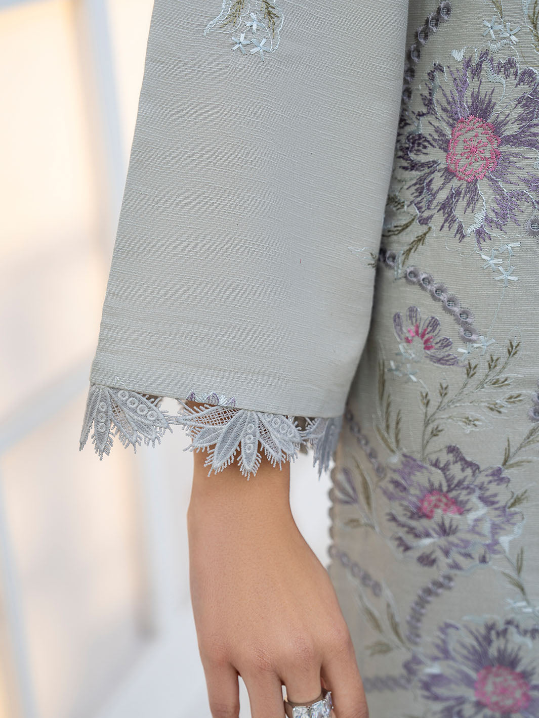 Trendy embroidered lawn shirt with chiffon printed dupatta and karandi trouser