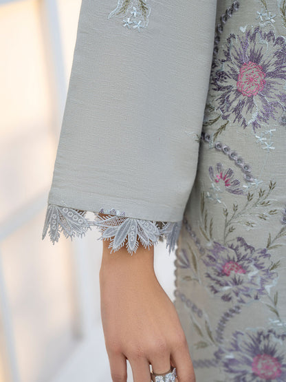 Trendy embroidered lawn shirt with chiffon printed dupatta and karandi trouser