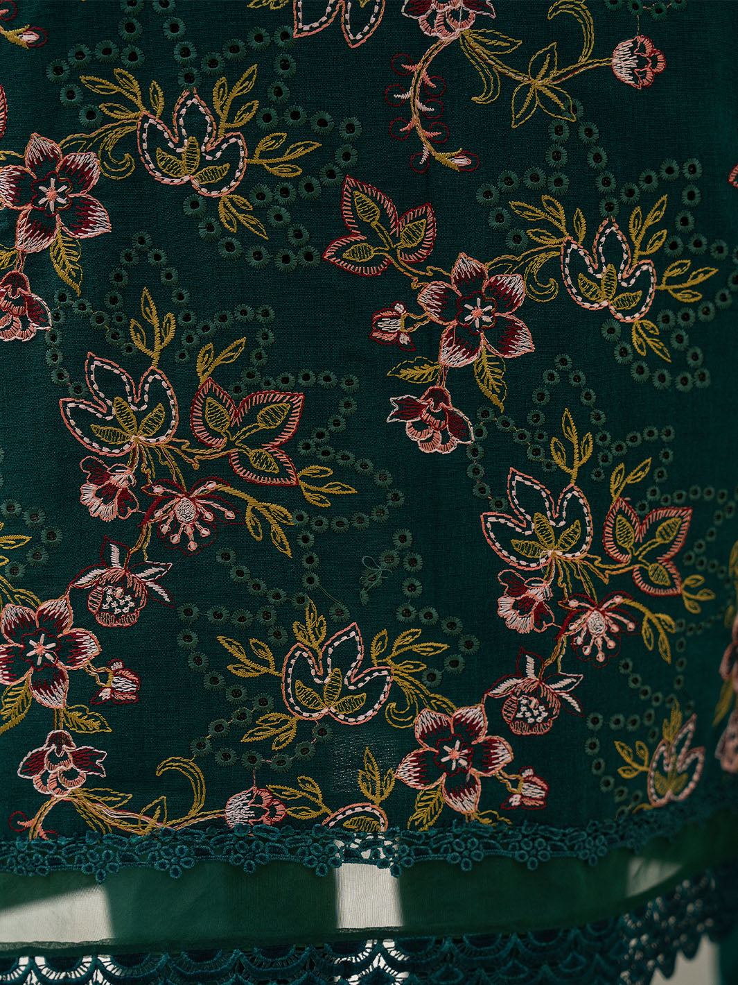 Trendy embroidered lawn suit with chiffon printed dupatta and karandi trouser