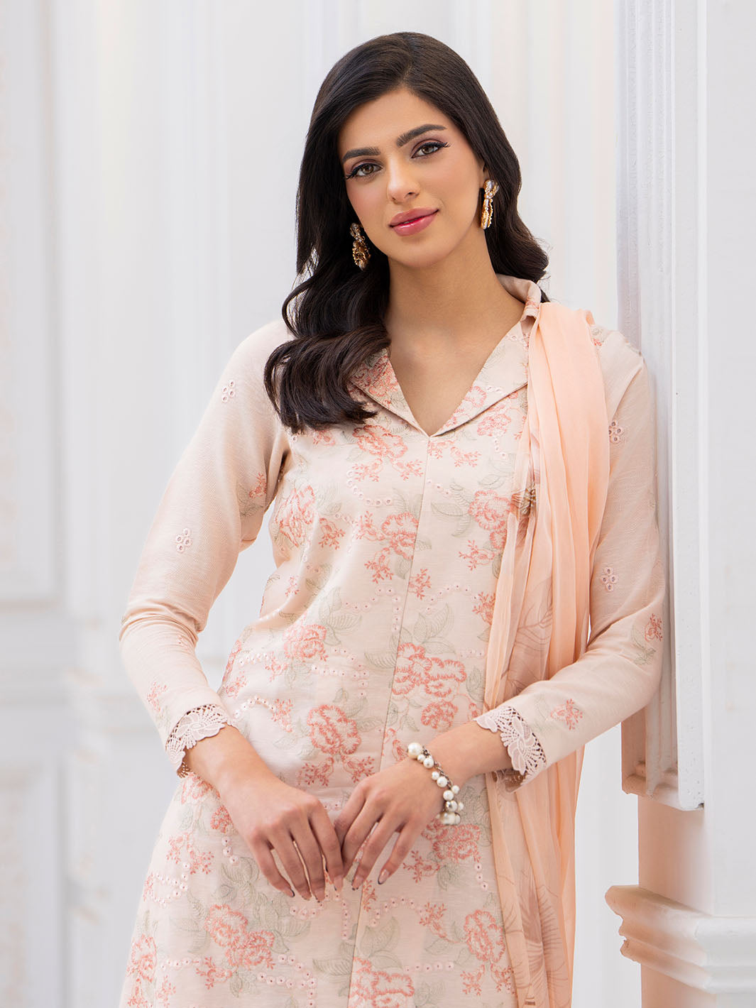 Trendy embroidered lawn suit with chiffon dupatta and karandi plain trouser