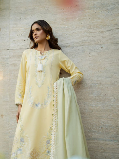 Yellow stitched summer dress with plain trouser and embroidered soft cotton dupatta