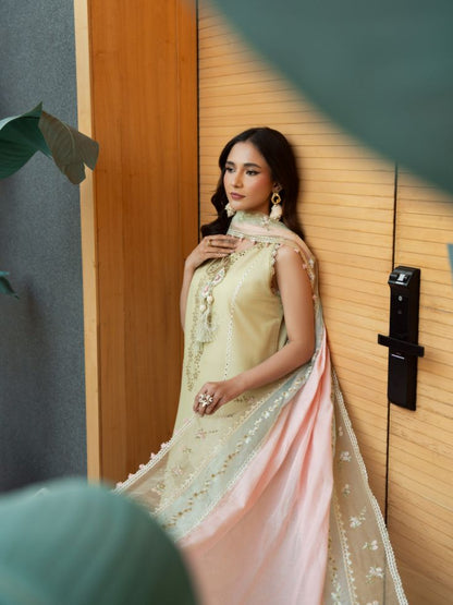 Trendy yellow suit featuring embroidered kurta style design and soft cotton dupatta