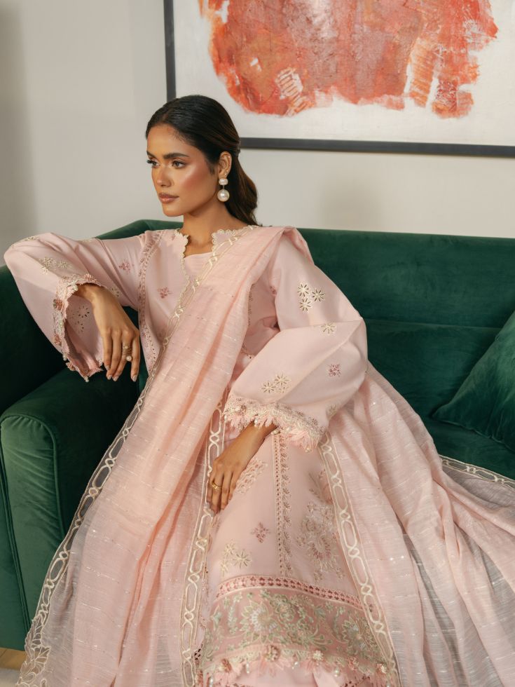 Trendy cream color lawn outfit including embroidered shirt, motifs, trouser, and cotton dupatta