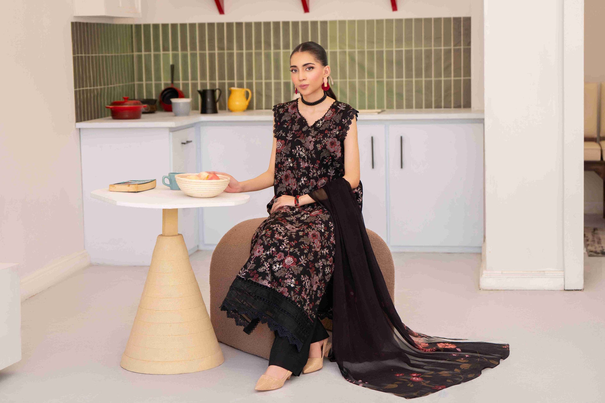  Elegant embroidered lawn shirt three meters with chiffon dupatta and cotton trouser two point five meters